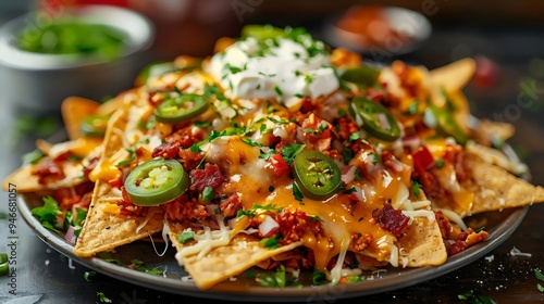 A plate of nachos with cheese and jalapenos