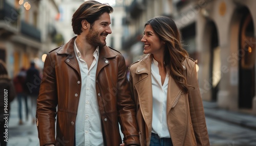 Smiling couple, city center walk, holding hands, Valentine's Day, brown leather coat, white shirt, warm tone, romantic mood, blurred background, copy space.