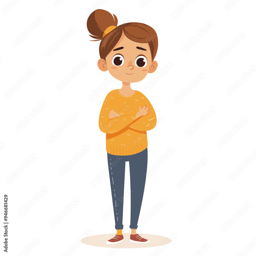 A girl in a yellow sweater and blue jeans is standing with her arms crossed. She has a serious expression on her face A girl in a yellow sweater and blue jeans is standing with her arms crossed. She has a serious expression on her face