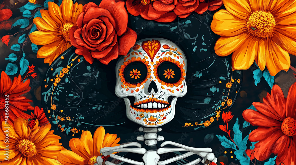 Illustration of a Catrina in close-up with orange make-up and colourful flowers. Illustration of a Catrina in close-up with orange make-up and colourful flowers.