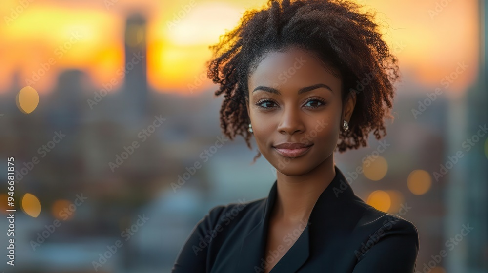 Fototapeta premium confident black businesswoman urban sunset backdrop of skyscrapers success and ambition personified golden hour lighting professional attire visionary pose