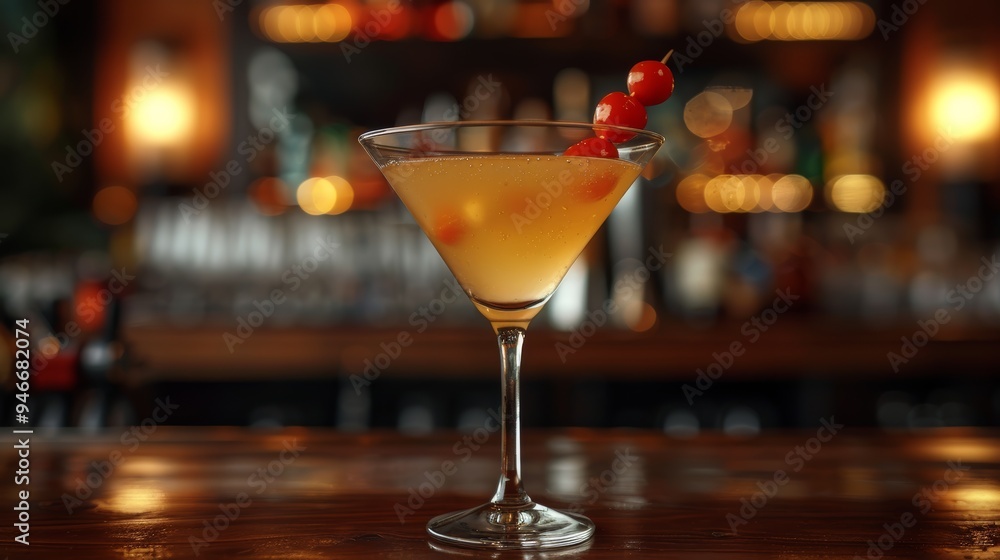 A crafted cocktail sits elegantly on a bar top, highlighted by ambient lighting, inviting patrons to enjoy an evening drink A crafted cocktail sits elegantly on a bar top, highlighted by ambient lighting, inviting patrons to enjoy an evening drink