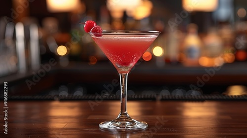 Refreshing raspberry cocktail served in a elegant glass with a vibrant background at a stylish bar