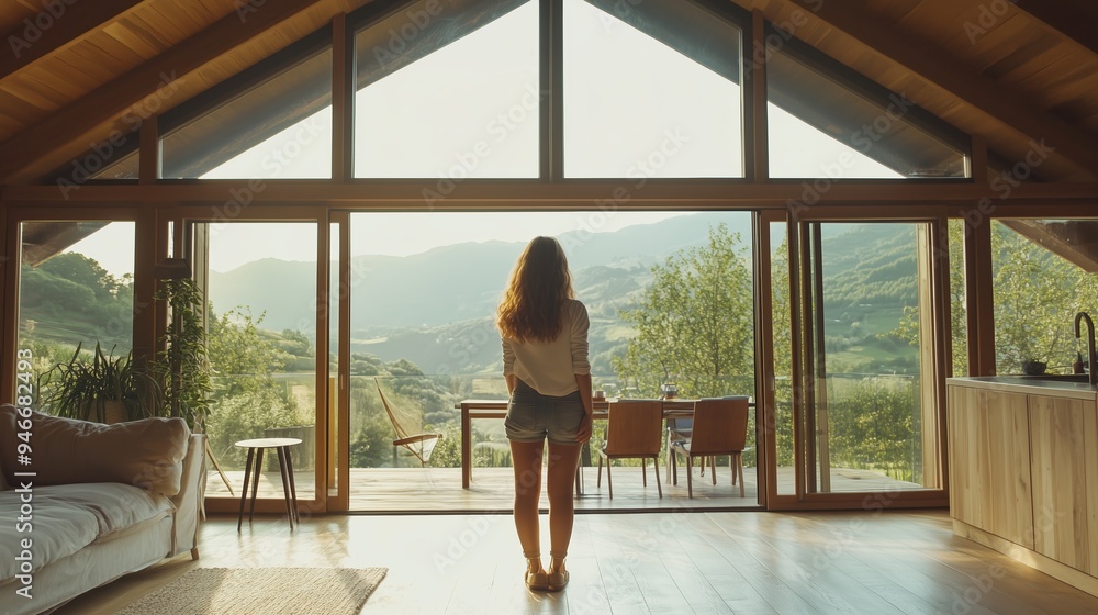 A woman enjoys a morning view from a modern cabin overlooking mountains and greenery in serene daylight A woman enjoys a morning view from a modern cabin overlooking mountains and greenery in serene daylight