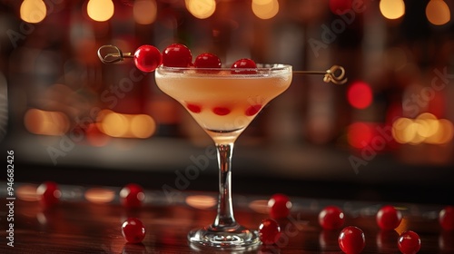 A beautifully crafted cocktail garnished with cherries served in an elegant glass at a vibrant bar during the evening hours