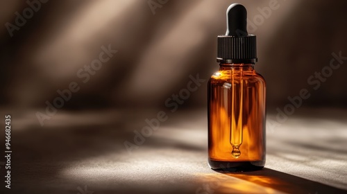 Wallpaper Mural An amber glass bottle with a dropper lid illuminated by soft lighting, casting shadows and highlighting the clean, minimalist design perfect for skincare or essential oils. Torontodigital.ca