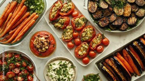 Wallpaper Mural An array of vibrant vegetable dishes featuring stuffed peppers, roasted carrots, and fresh salads, perfect for a healthy feast Torontodigital.ca