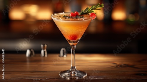 Elegant cocktail served in a martini glass garnished with rosemary and cherry on a polished wooden bar in a dimly lit lounge