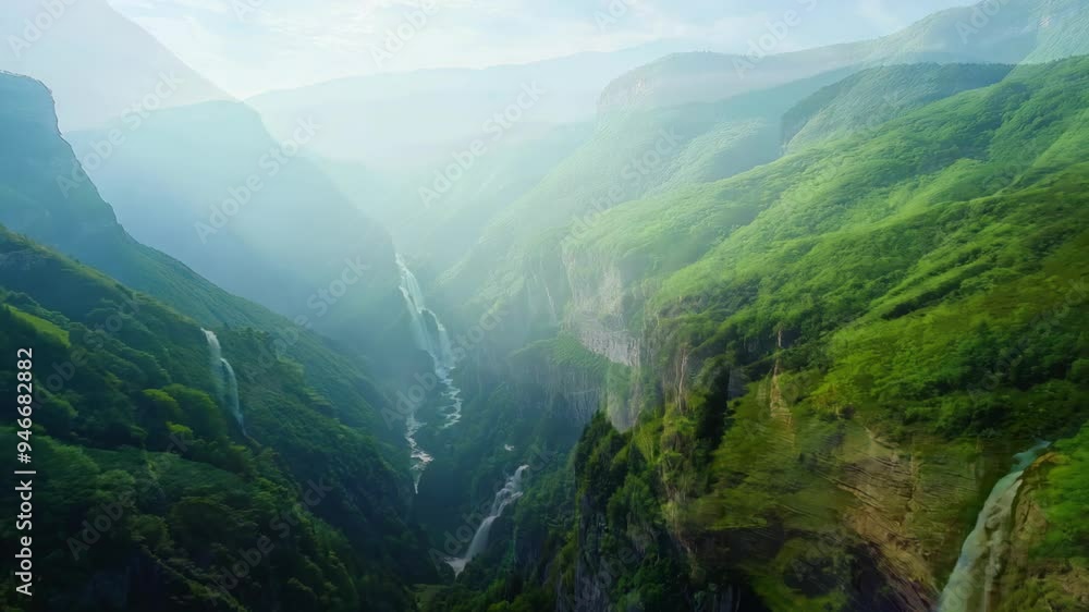 top view drone perspective of a majestic tall waterfall in nature landscape surround with green lush forest top view drone perspective of a majestic tall waterfall in nature landscape surround with green lush forest
