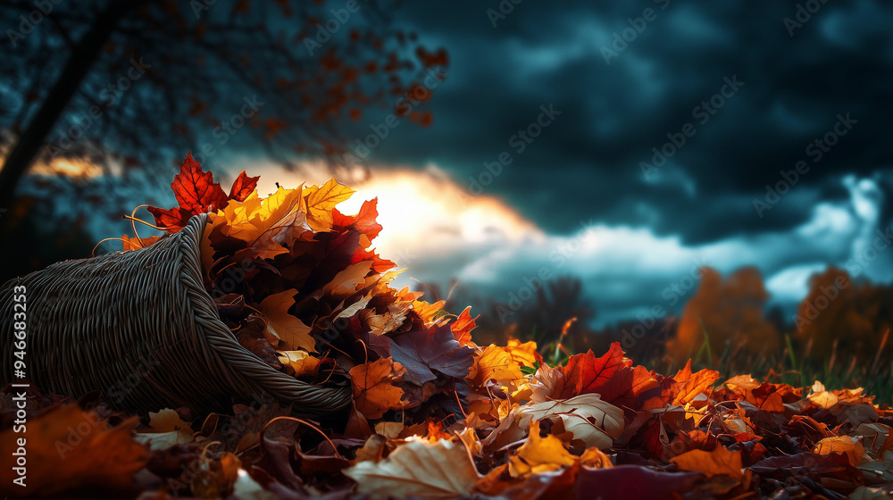 A dramatic close-up of a cornucopia overflowing with rich autumn colors, set on a bed of fallen leaves, with a dark stormy sky in the background, the scene illuminated by a single ray of sunlight A dramatic close-up of a cornucopia overflowing with rich autumn colors, set on a bed of fallen leaves, with a dark stormy sky in the background, the scene illuminated by a single ray of sunlight