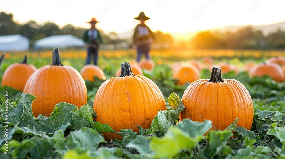 A field brimming with numerous pumpkins perched upon a verdant meadow beside a scarecrow A field brimming with numerous pumpkins perched upon a verdant meadow beside a scarecrow