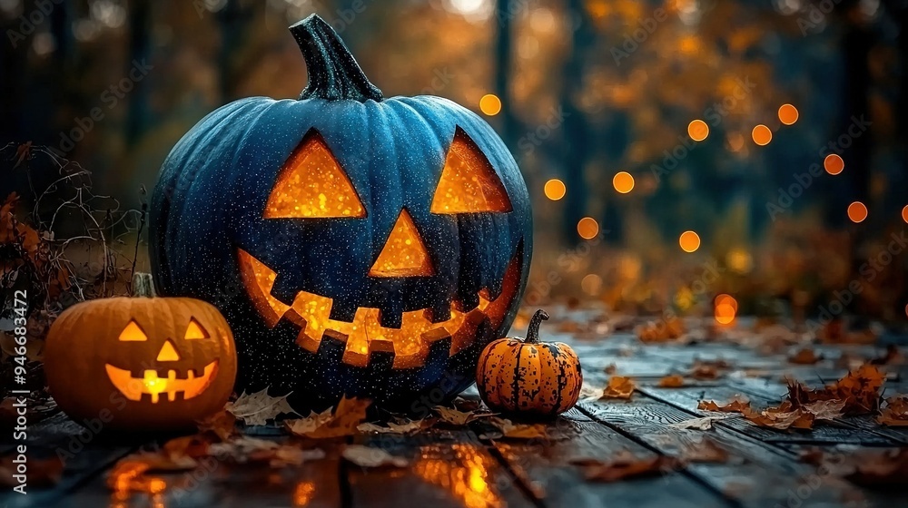 Two jack-o'-lantern pumpkins atop a wood floor amidst a forest of illuminated trees Two jack-o'-lantern pumpkins atop a wood floor amidst a forest of illuminated trees