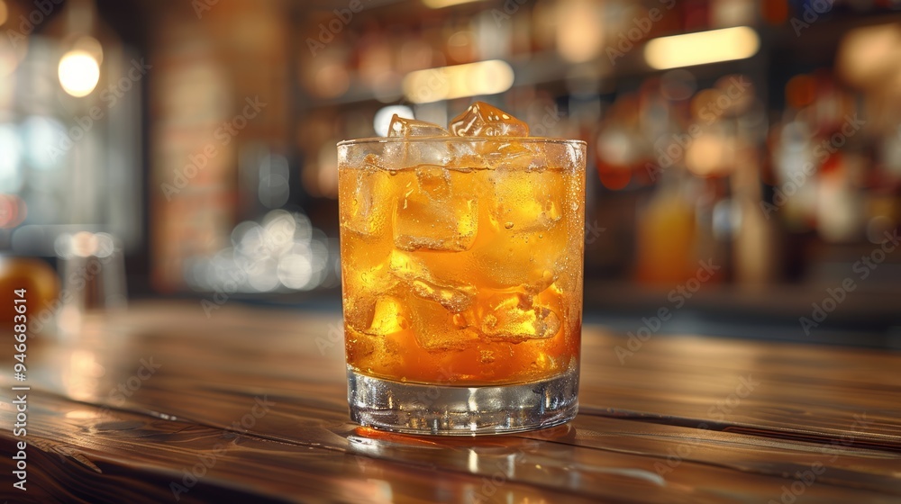 A refreshing cocktail served over ice on a wooden bar counter in a vibrant, well-lit lounge during evening hours A refreshing cocktail served over ice on a wooden bar counter in a vibrant, well-lit lounge during evening hours