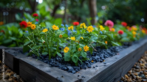 A garden with a variety of flowers and rocks