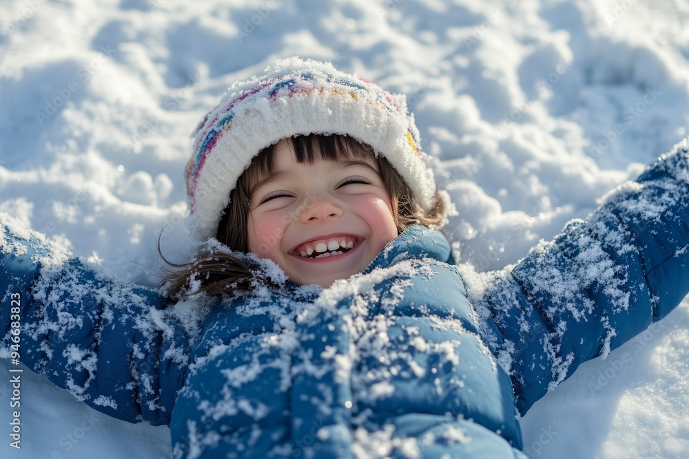 Child enjoying a winter day by playing in fresh snow while wearing a cozy blue coat and a festive white hat Child enjoying a winter day by playing in fresh snow while wearing a cozy blue coat and a festive white hat