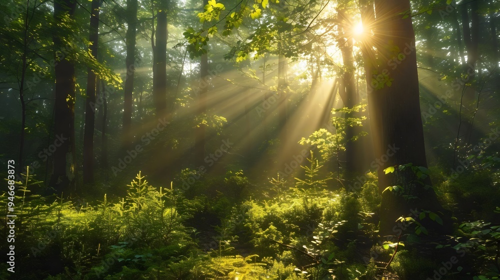 Obraz premium A forest with sunlight shining through the trees