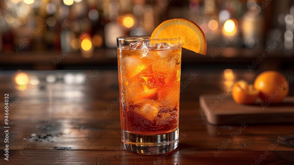 Refreshing cocktail served in a glass with ice and an orange slice at a cozy bar in the evening Refreshing cocktail served in a glass with ice and an orange slice at a cozy bar in the evening