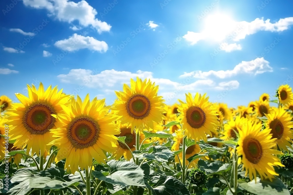 Obraz premium Sunflower field under blue sunny sky