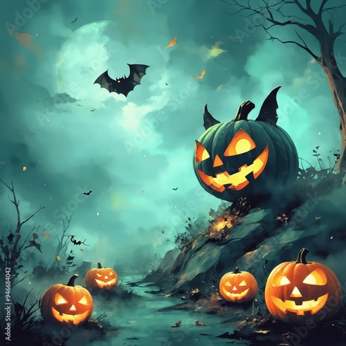 Halloween scene with flying jack-o-lantern and full moon 