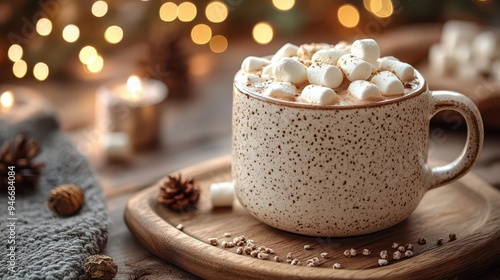 cozy mug of hot cocoa topped with marshmallows twinkling christmas lights in soft focus background warm inviting holiday atmosphere