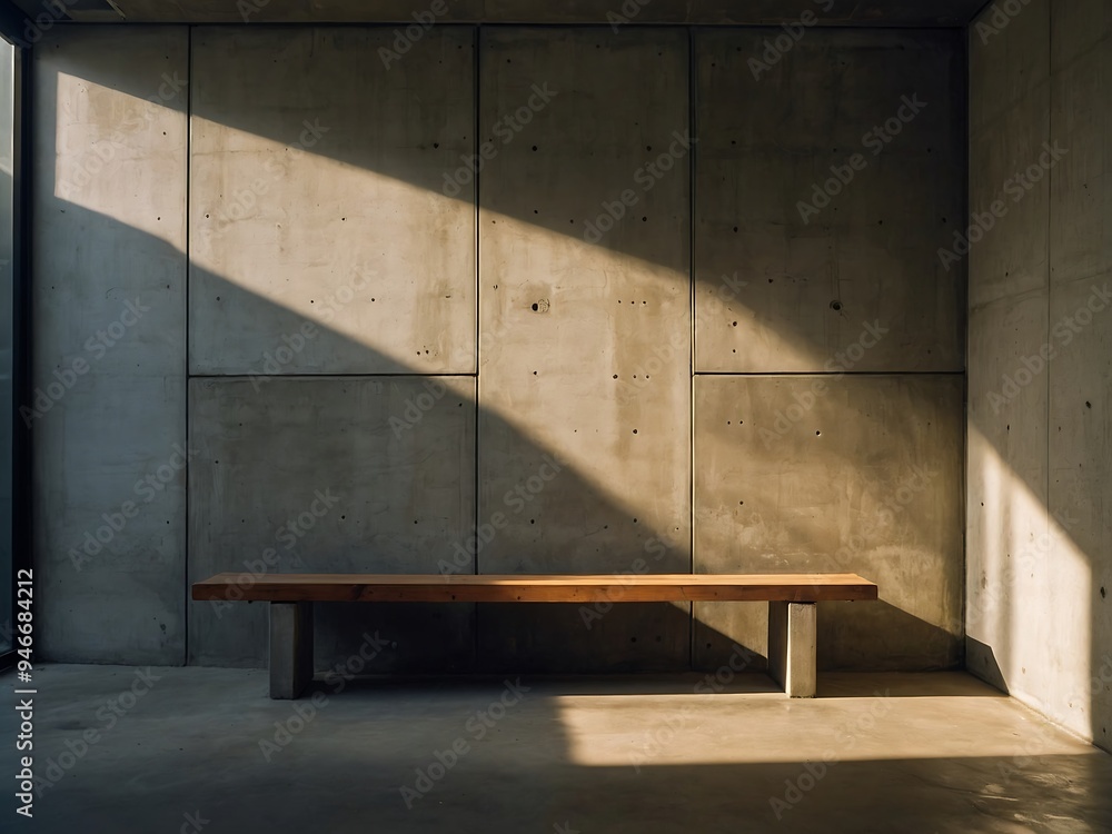 Sunlight beams through concrete walls with bench Sunlight beams through concrete walls with bench