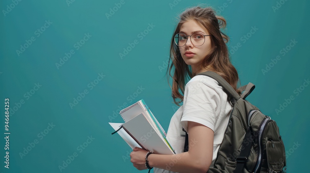 Young woman in casual attire, with glasses, backpack, holding notepads, against a teal background, studio style Young woman in casual attire, with glasses, backpack, holding notepads, against a teal background, studio style