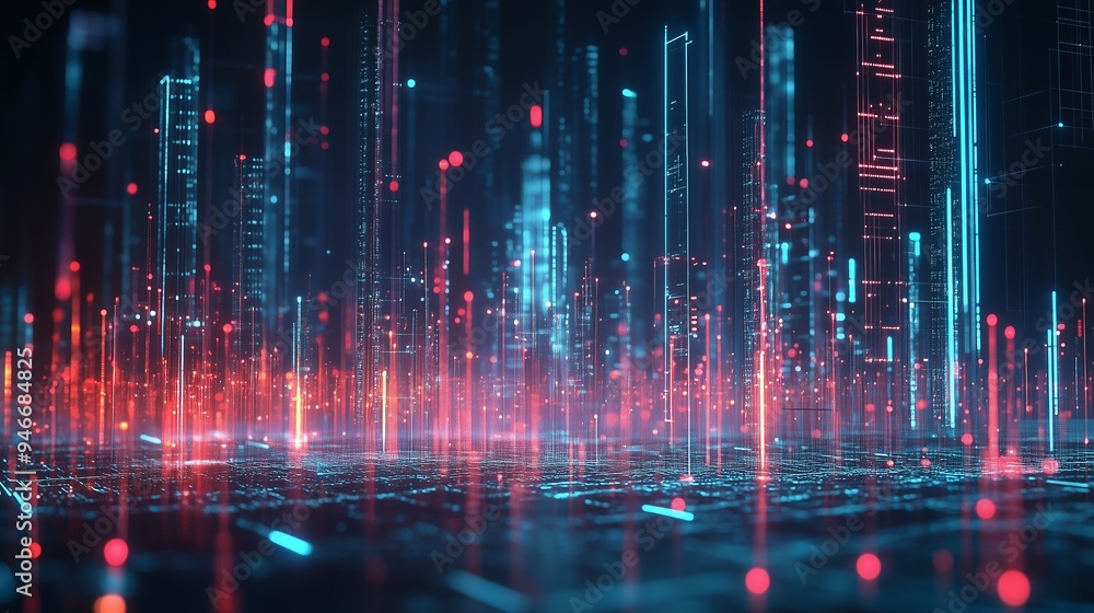 Abstract digital landscape with glowing data streams and futuristic elements. Abstract digital landscape with glowing data streams and futuristic elements.