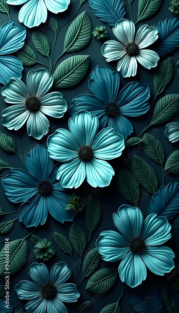 A dark background with vibrant blue and green flowers A dark background with vibrant blue and green flowers