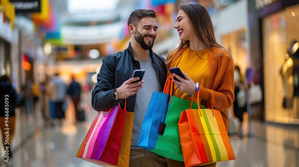 Smiling couple in mall, colorful bags in hand, looking at each other with phones, blurred background, joyful slow motion. Smiling couple in mall, colorful bags in hand, looking at each other with phones, blurred background, joyful slow motion.