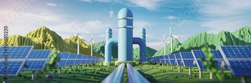 3D Rendering of a Hydrogen Energy Pipeline Supporting Clean, Carbon Neutral Energy Transformation and Balancing Renewable Power Sources photo