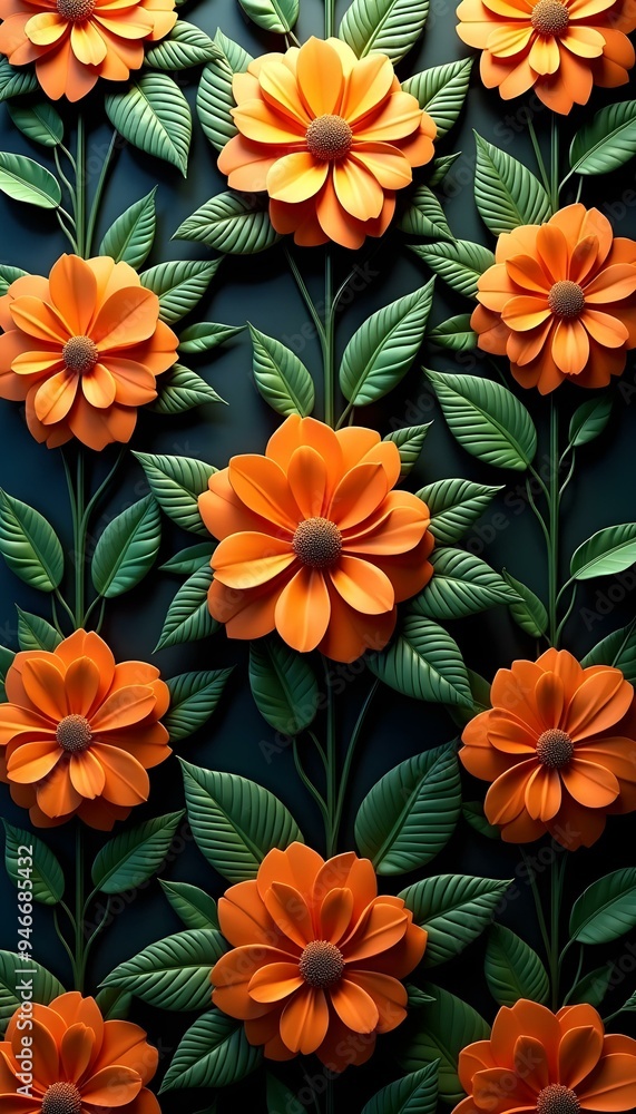 A dark background with vibrant orange and green flowers A dark background with vibrant orange and green flowers