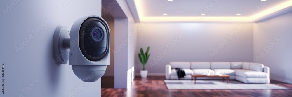 A sleek, modern security camera positioned in a luminous interior, showcasing cutting-edge surveillance technology for home safety.