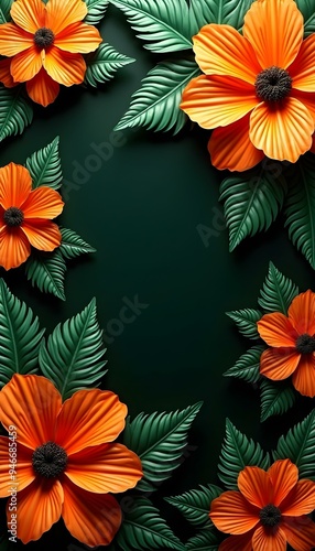 A dark background with vibrant orange and green flowers 