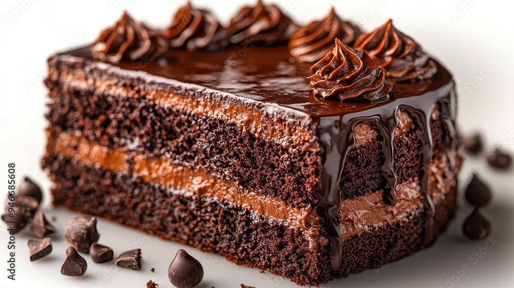 decadent chocolate cake multiple layers with rich frosting glossy ganache drip decorative swirls isolated on white mouthwatering detail decadent chocolate cake multiple layers with rich frosting glossy ganache drip decorative swirls isolated on white mouthwatering detail