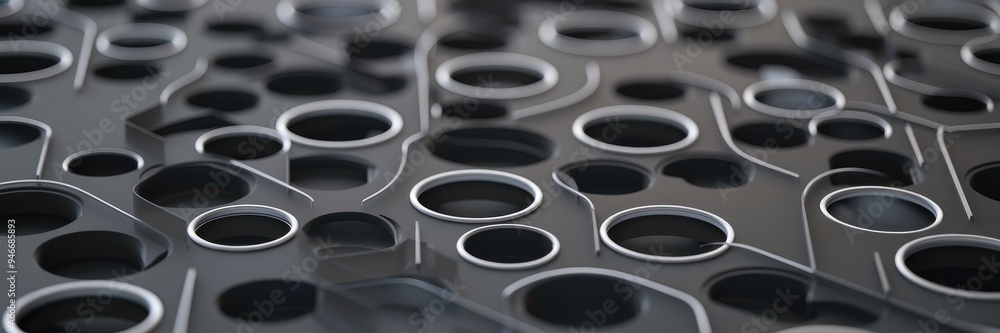 Abstract blurred image featuring numerous circular steel holes in a dark surface, accented by rounded lines and contrasting white circles outlined in dark. Illustration isolated on a white background. Abstract blurred image featuring numerous circular steel holes in a dark surface, accented by rounded lines and contrasting white circles outlined in dark. Illustration isolated on a white background.