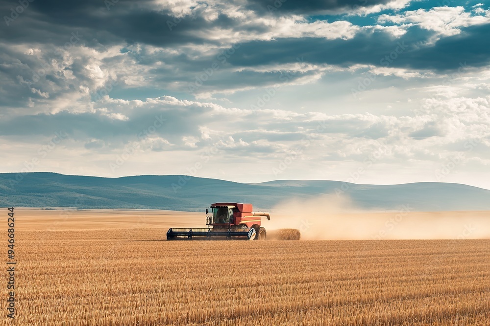 Fototapeta premium Harvester in golden wheat field under blue sky