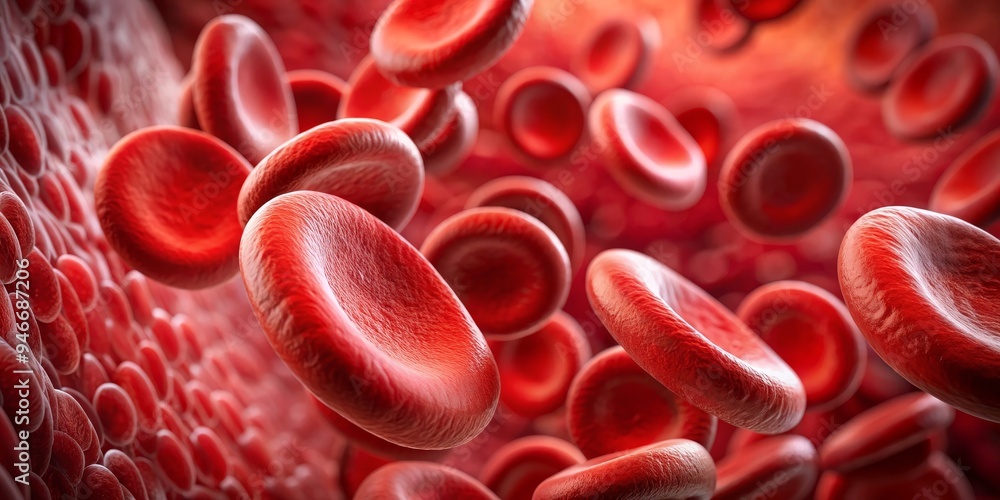 A Close-Up View of Red Blood Cells in the Bloodstream, 3D Illustration, Health, Biology, Blood Cells A Close-Up View of Red Blood Cells in the Bloodstream, 3D Illustration, Health, Biology, Blood Cells
