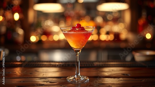 A vibrant cocktail garnished with cherries sits elegantly on a rustic wooden bar top, illuminated by soft, warm lighting in a cozy venue