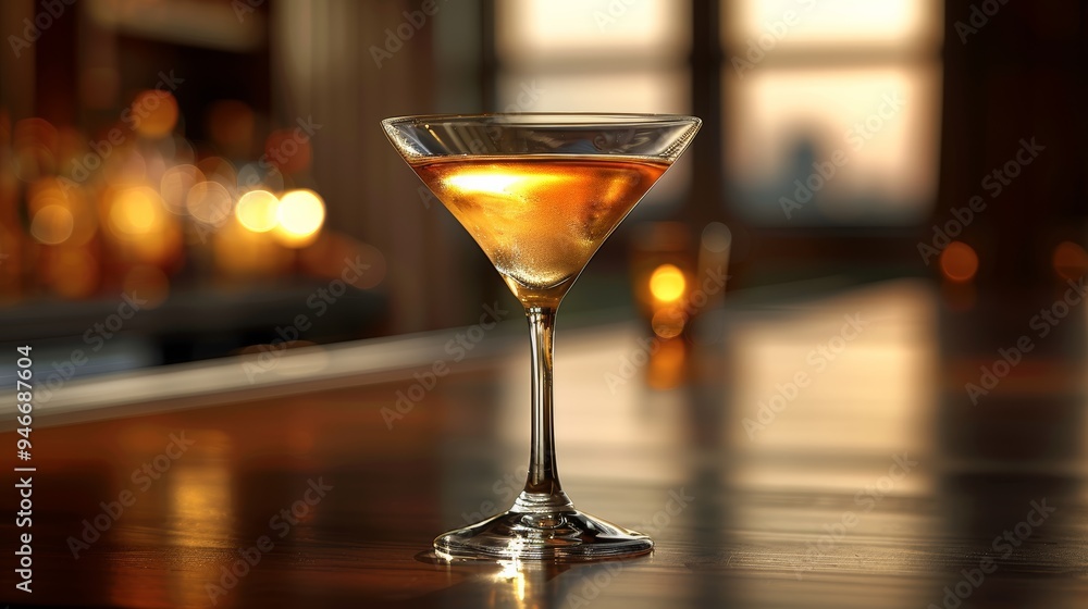 A beautifully crafted cocktail resting on a polished bar surface with warm lighting during sunset in a sophisticated lounge A beautifully crafted cocktail resting on a polished bar surface with warm lighting during sunset in a sophisticated lounge