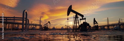 Expansive industrial landscape beneath a striking orange sky, featuring prominent pipes and oil pump jacks that showcase the vital components of energy infrastructure.