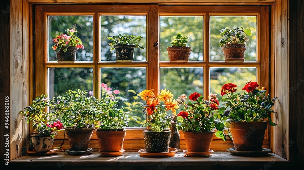 A group of potted plants sits on a window sill, in front of a sill filled with more potted plants A group of potted plants sits on a window sill, in front of a sill filled with more potted plants