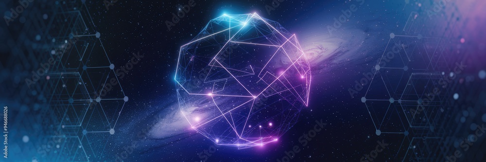 Fototapeta premium Futuristic abstract glowing neon sphere composed of lines and dots in a cosmic backdrop. Contemporary technology theme highlighting internet connectivity and cybersecurity