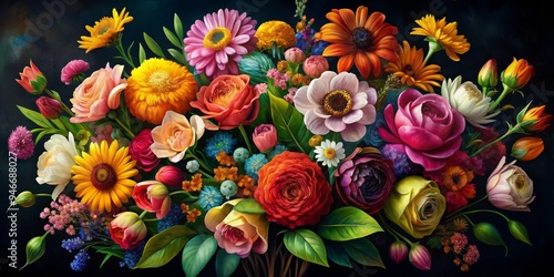 A Lush Bouquet of Colorful Flowers with a Dark Background, oil painting, roses, sunflowers, daisies, flowers, nature