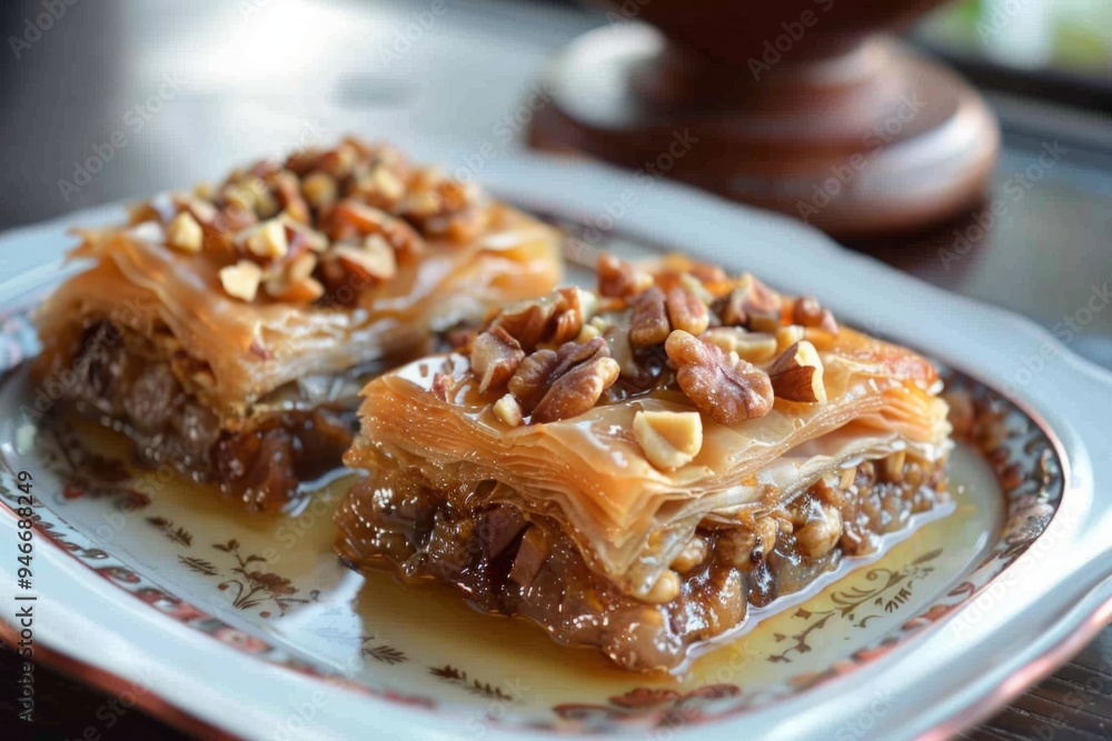 Two pieces of traditional baklava with layers of filo dough, walnuts, and syrup on a decorative plate. Food photography for menu, recipe, or culinary blog. Generative AI Two pieces of traditional baklava with layers of filo dough, walnuts, and syrup on a decorative plate. Food photography for menu, recipe, or culinary blog. Generative AI