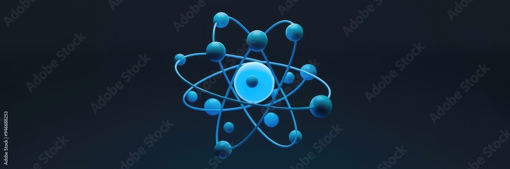 Glowing blue atom molecule isolated in a dark background - 3D rendering Glowing blue atom molecule isolated in a dark background - 3D rendering