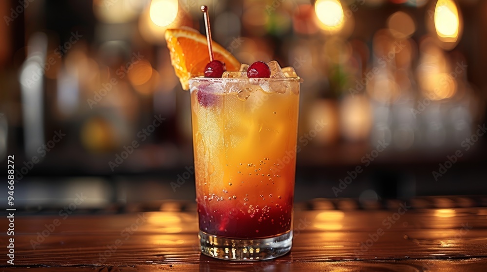 Refreshing cocktail with cherries and orange garnish served in a bar during a lively evening gathering Refreshing cocktail with cherries and orange garnish served in a bar during a lively evening gathering