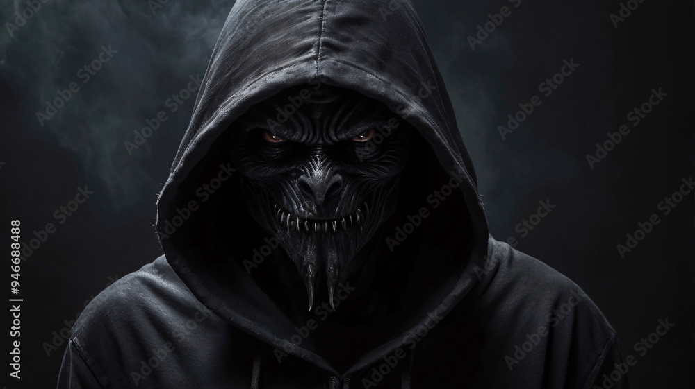 Dark evil scary hooded beast on dark background. Monster of fear and horror. Dark evil scary hooded beast on dark background. Monster of fear and horror.