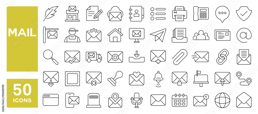Set of 50 line icons related to mail, envelope, email, inbox, post, office, message, notification, chat, communication, call, Editable stroke. Vector illustration Set of 50 line icons related to mail, envelope, email, inbox, post, office, message, notification, chat, communication, call, Editable stroke. Vector illustration