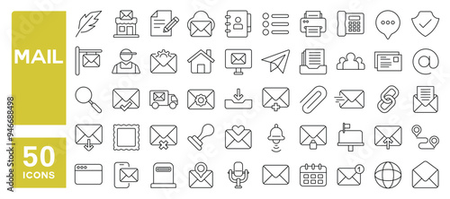 Set of 50 line icons related to mail, envelope, email, inbox, post, office, message, notification, chat, communication, call, Editable stroke. Vector illustration