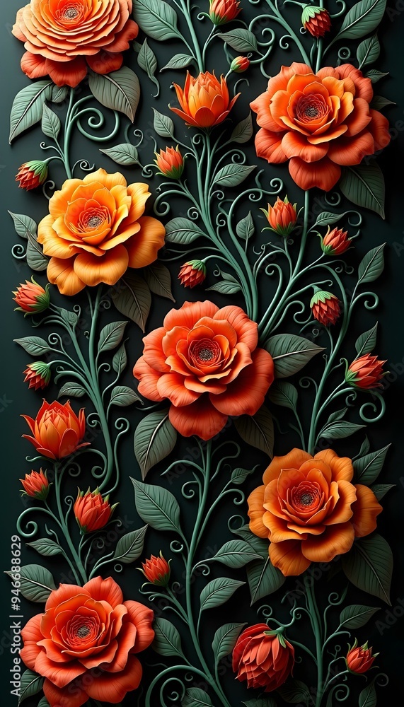 Fototapeta premium Ornate floral pattern with intricate swirling designs, featuring vibrant colors like orange, red, and green on a black background, rendered in 3D 